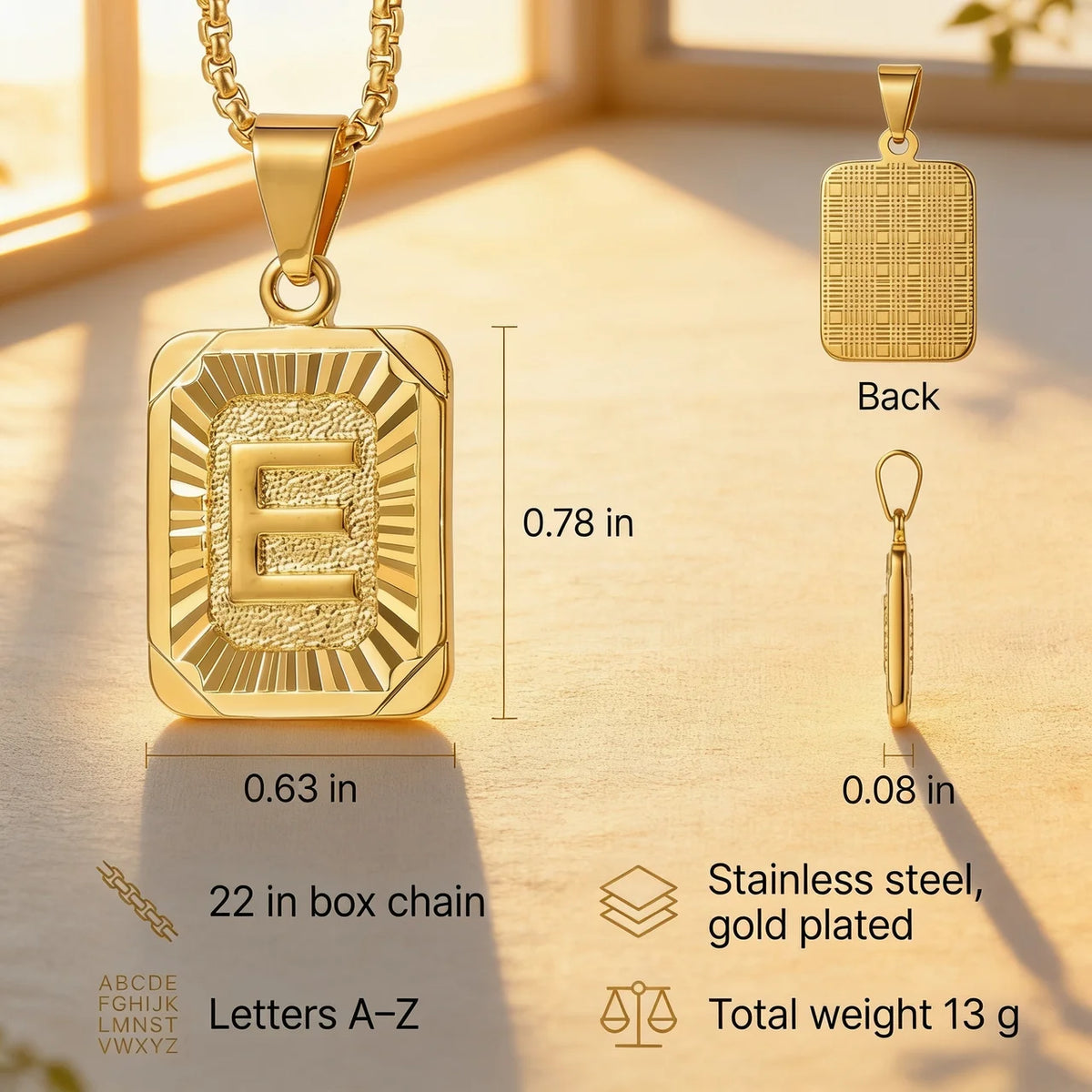 Initial A-Z Letter Pendant Necklace Mens Womens Capital Letter Yellow Gold Plated Stainless Steel Box Chain 22Inch