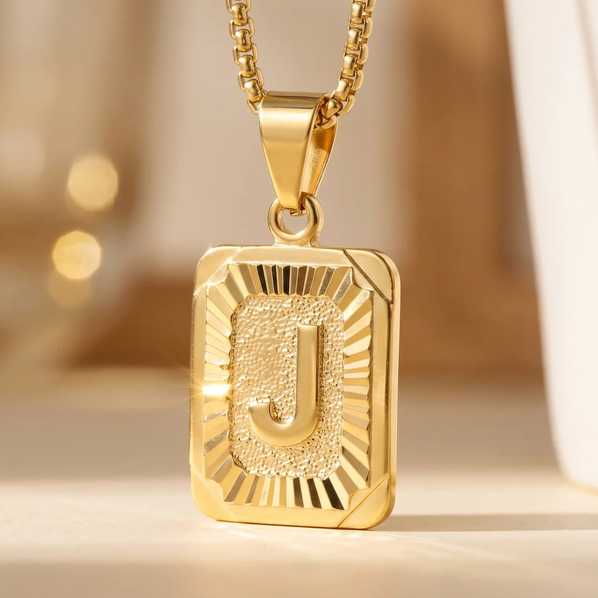 Initial A-Z Letter Pendant Necklace Mens Womens Capital Letter Yellow Gold Plated Stainless Steel Box Chain 22Inch